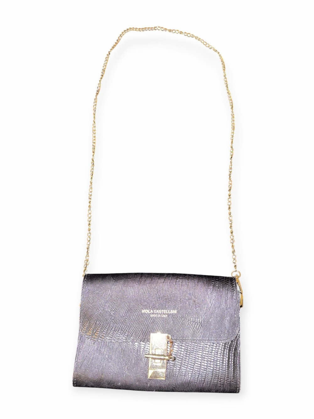 Viola Castellani Metallic Grey Lizard Embossed Leather Chain Crossbody Bag